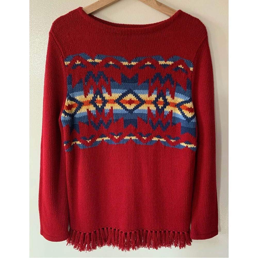 Jones New York • L • Native Design Red Knit Long Sleeve Sweater Fringe Bottom